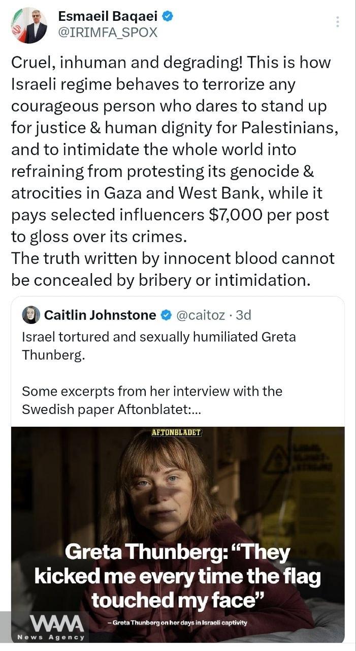 Iran’s Foreign Ministry Spokesperson Condemns Torture of Swedish Pro-Palestinian Activist. Social Media / WANA News Agency